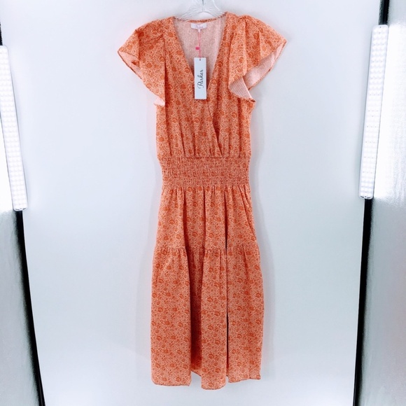 Parker Women Dress Orange Floral Print Cotton Peasant Tiered Sleeveless Midi - Picture 11 of 14